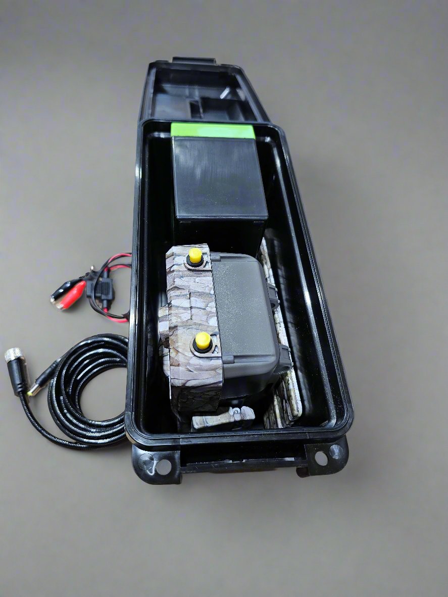 Trail camera external battery box and camera storage
