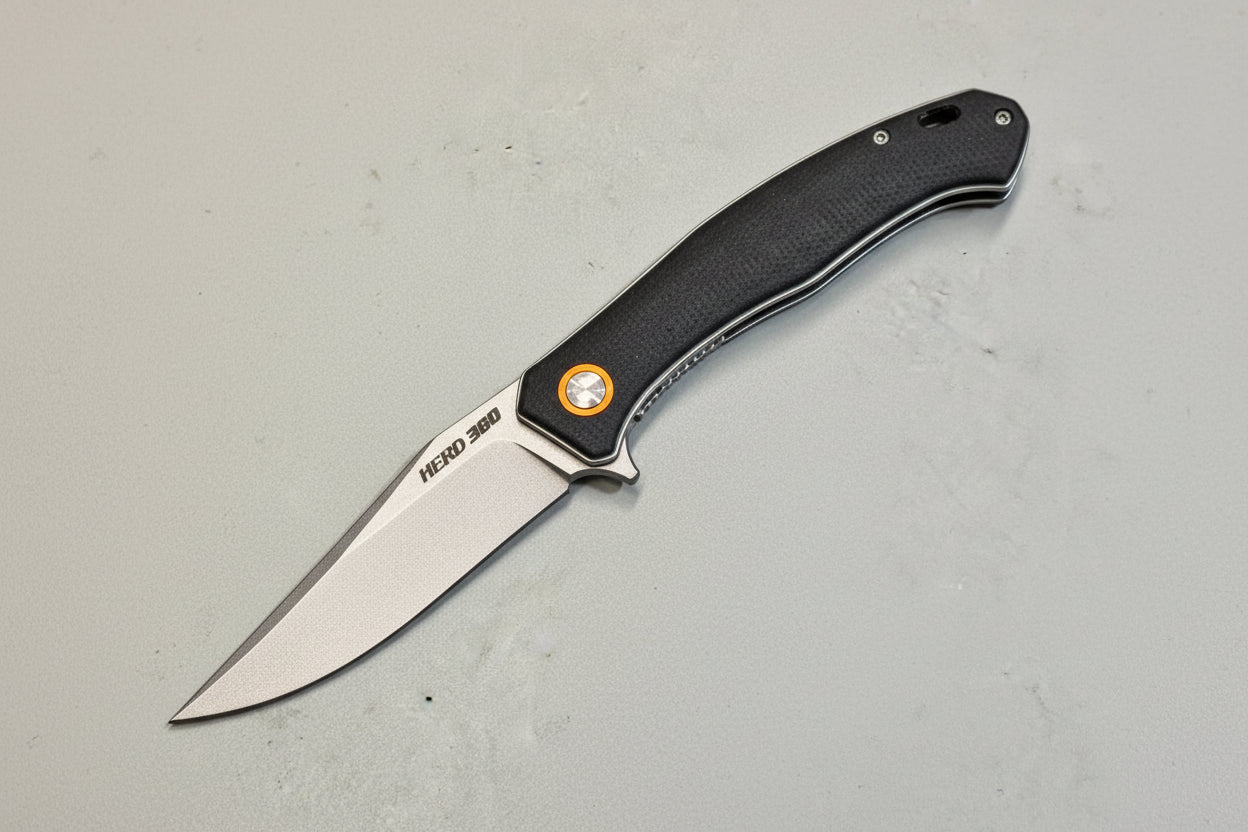 Folding knife with a black handle and silver blade on a light gray background
