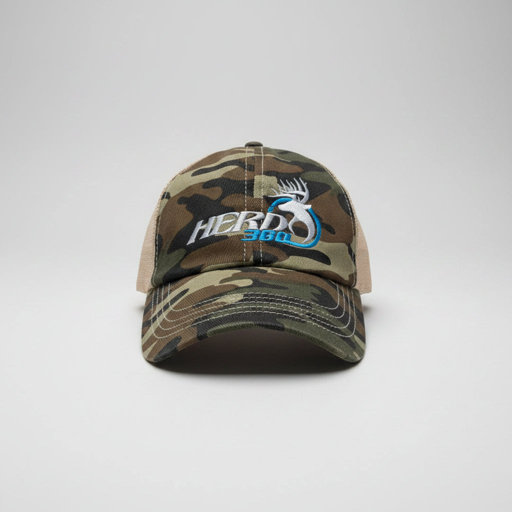 Camouflage cap with 'HERD 360' logo