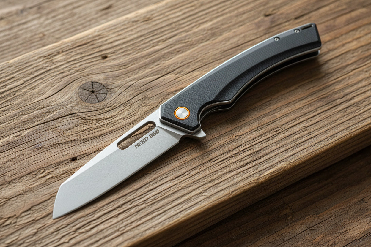 Folding knife with black handle and silver blade