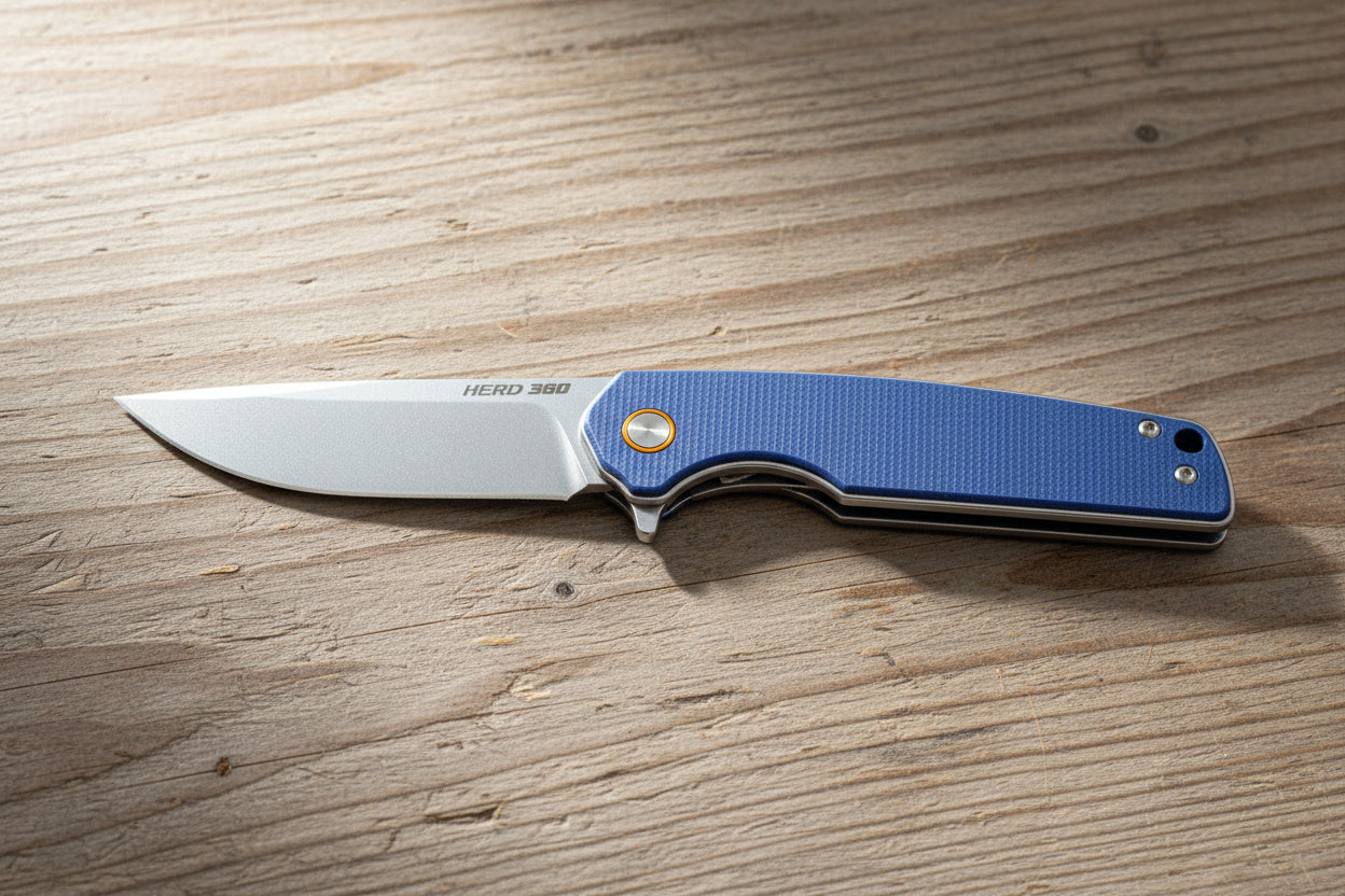 Folding knife with blue handle on a wood background